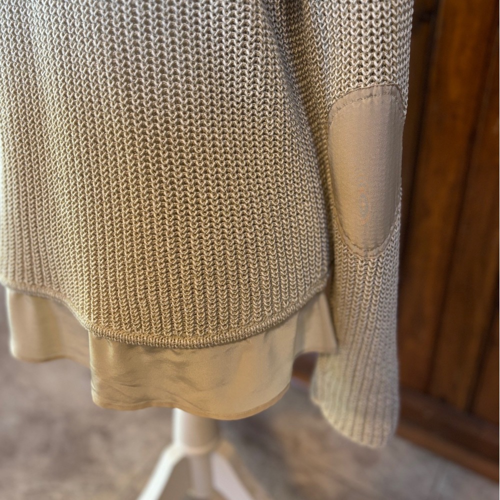 St. John Womens Beige Wool Silk Metallic Cardigan Sweater Elbow Patches Medium - Picture 5 of 9